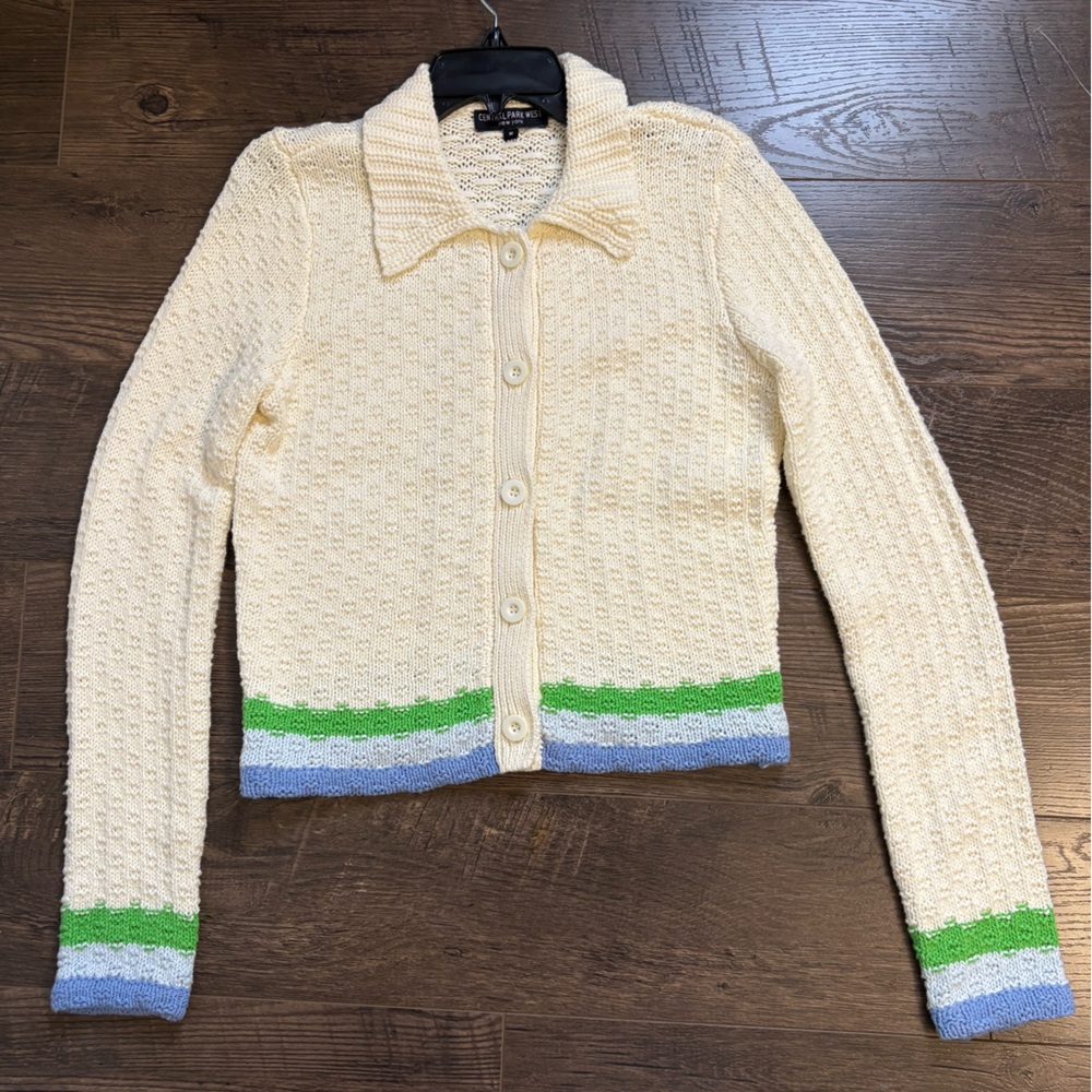 Central Park West Cream Cardigan with Green and Blue Stripes